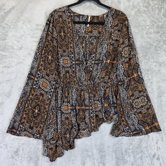 Free People Tops - Free People Blouse Womens XL Black Orange Boho Asymmetrical Hem Bell Sleeve Top